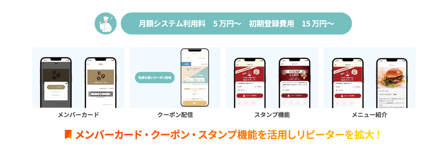 メンバーカード・クーポン・スタンプ機能を活用しリピーターを拡大！